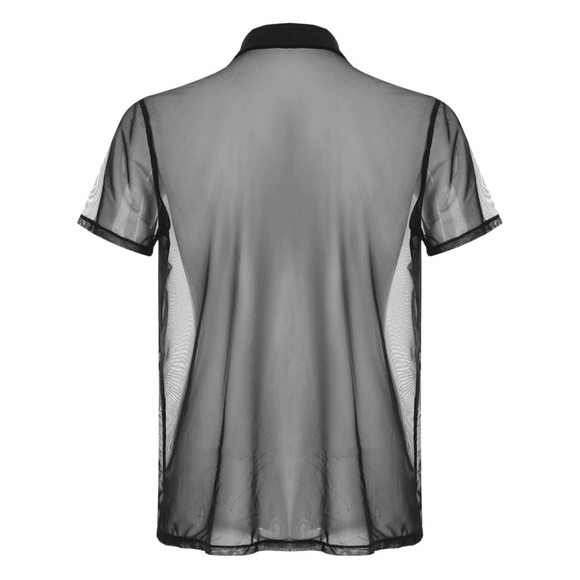 Mens See Through Mesh Shirt Short Sleeve Turn-Down Collar Button Sheer Top - Picture 4 of 7